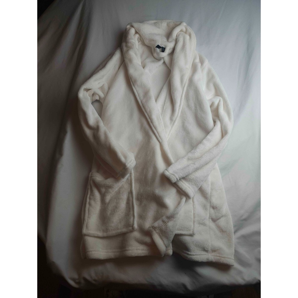 Cynthia Rowley Robe Womens Large White Fleece Hooded Long Sleeve Pockets Cozy